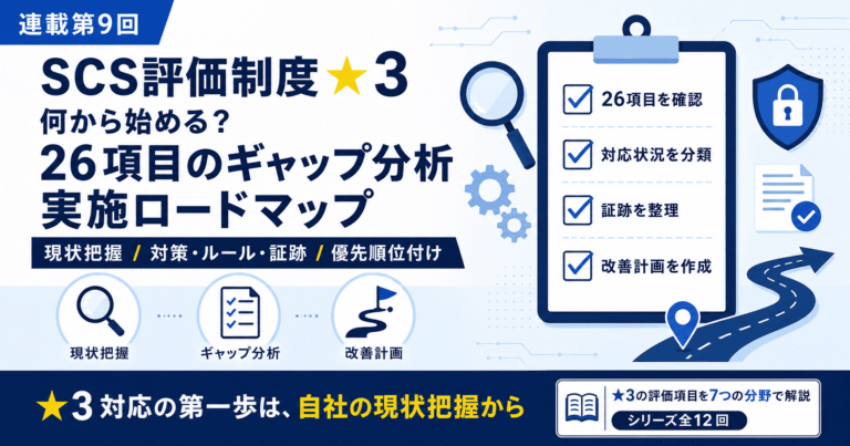 SCS評価制度★3対応の始め方として、26項目のギャップ分析と実施ロードマップを解説する連載第9回のアイキャッチ画像