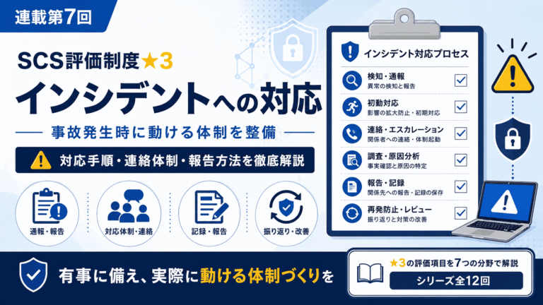 SCS評価制度★3のインシデントへの対応について、対応手順・連絡体制・報告方法を解説する連載第7回のアイキャッチ画像
