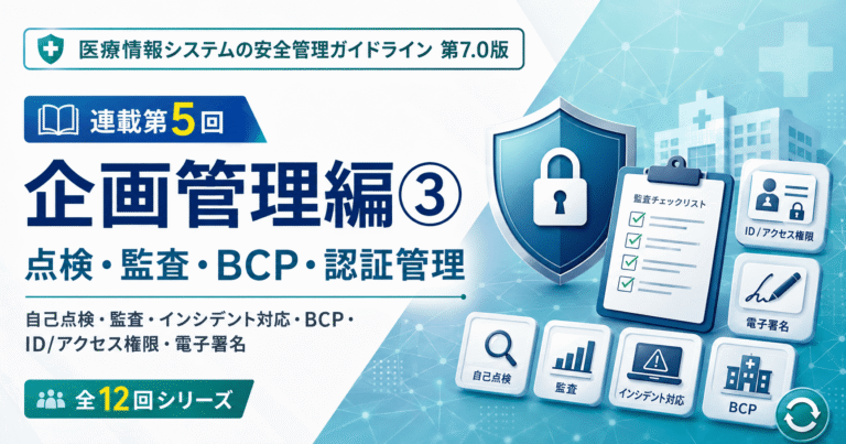 医療情報システムの安全管理に関するガイドライン第7.0版の連載第5回「企画管理編③ 点検・監査・BCP・認証管理」のアイキャッチ画像