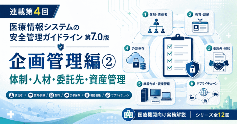 医療情報システム安全管理ガイドライン第7.0版の企画管理編②として、責任者、教育・訓練、委託先契約、外部保存、機器台帳、サプライチェーン管理を解説する連載第4回のアイキャッチ画像