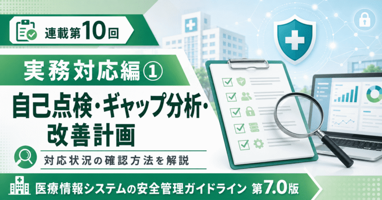 医療情報システムの安全管理に関するガイドライン第7.0版の連載第10回として、自己点検・ギャップ分析・改善計画を解説するアイキャッチ画像