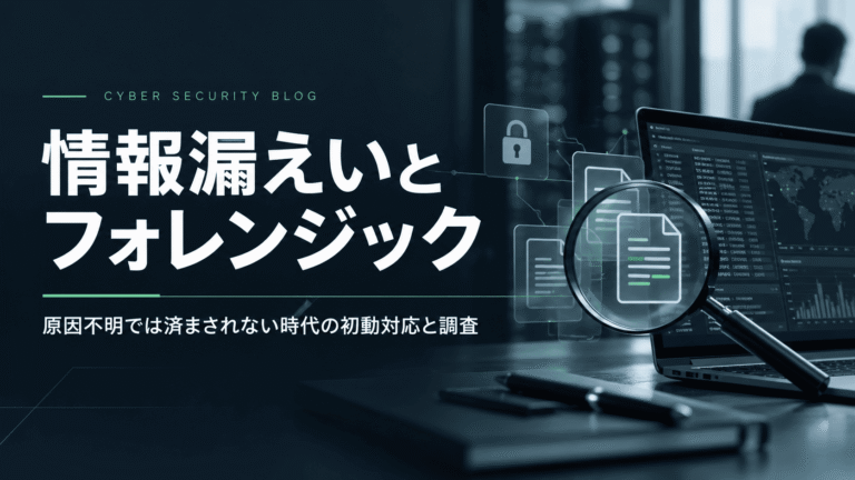 情報漏えいとフォレンジック調査をテーマに、調査用のパソコン画面やデジタル文書を虫眼鏡で分析する様子を描いたアイキャッチ画像