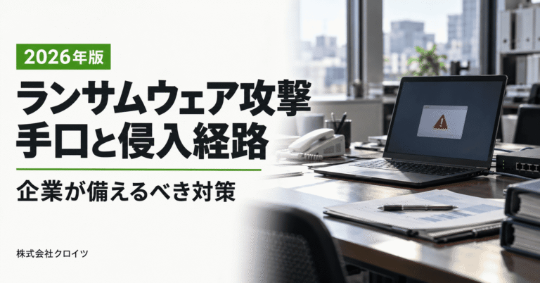 警告が表示されたノートパソコンと、「ランサムウェア攻撃 手口と侵入経路」「企業が備えるべき対策」の見出し
